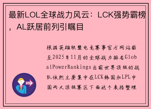 最新LOL全球战力风云：LCK强势霸榜，AL跃居前列引瞩目